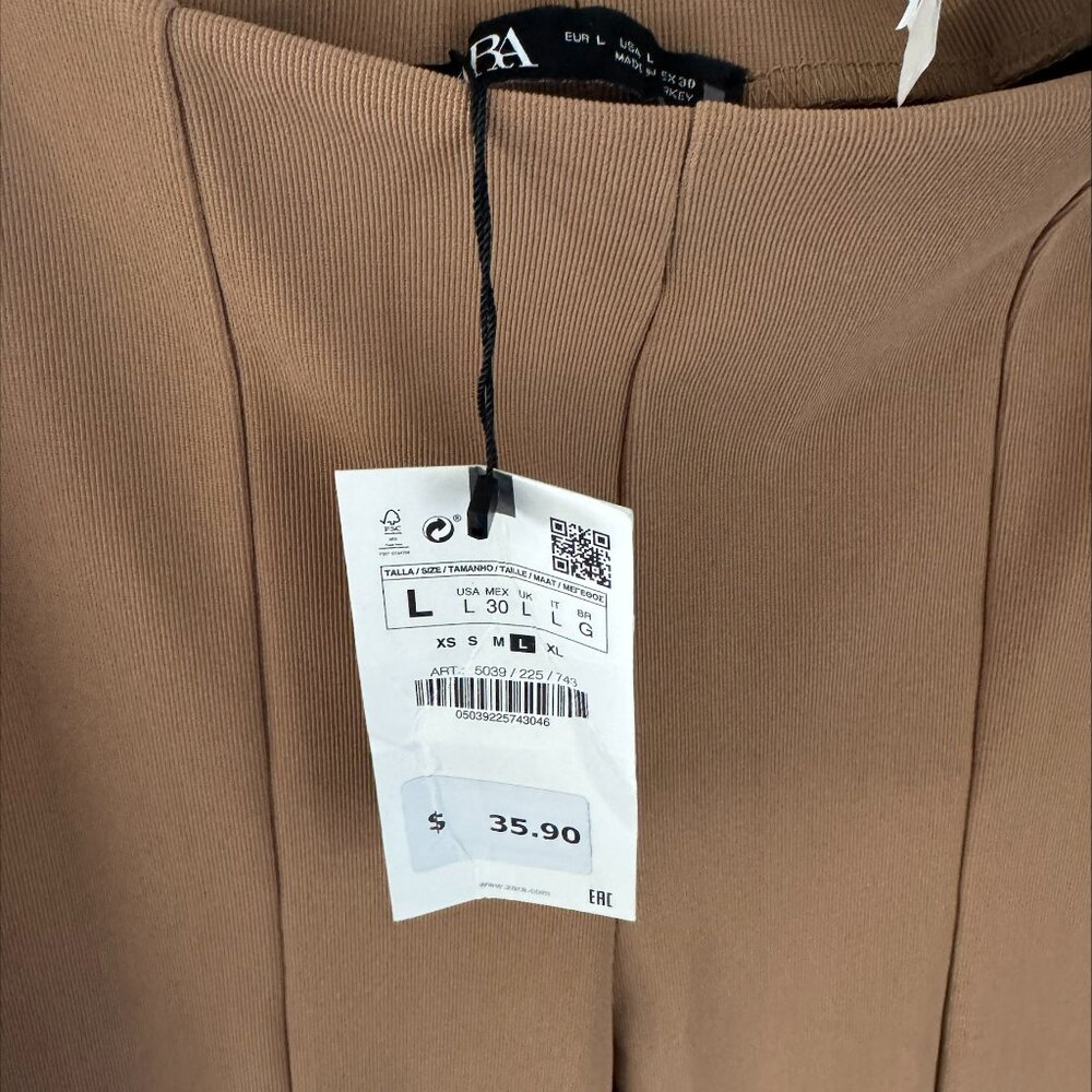 Zara Stretch Ribbed High Rise Legging Dress Pant Tan Large NWT